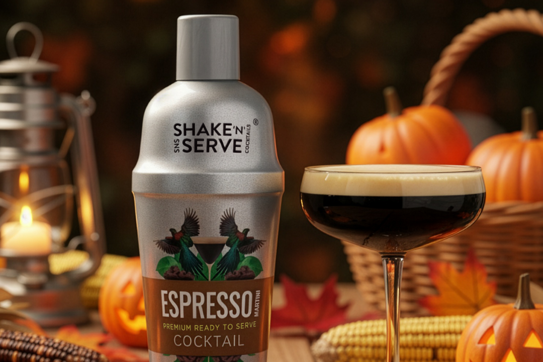 Shaken and Serve Espresso cocktail shaker with a glass of espresso cocktail on a Halloween-themed table.